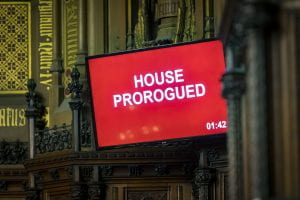 A television screen displaying the words House Prorogued on a red background