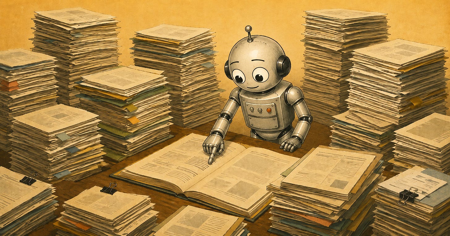 A small silver robot, surrounded by tall stacks of documents, pointing with one finger to a specific line on an open page.